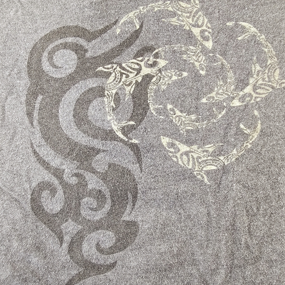 Men's CrazyShirts LS tee, sz L, charcoal, w/  tribal shark graphics